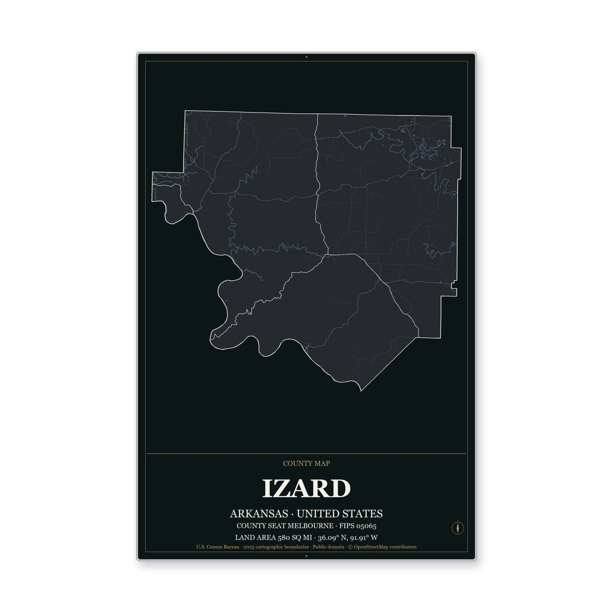 Izard County, Arkansas Map Aluminum Sign in Metropolitan Noir style
