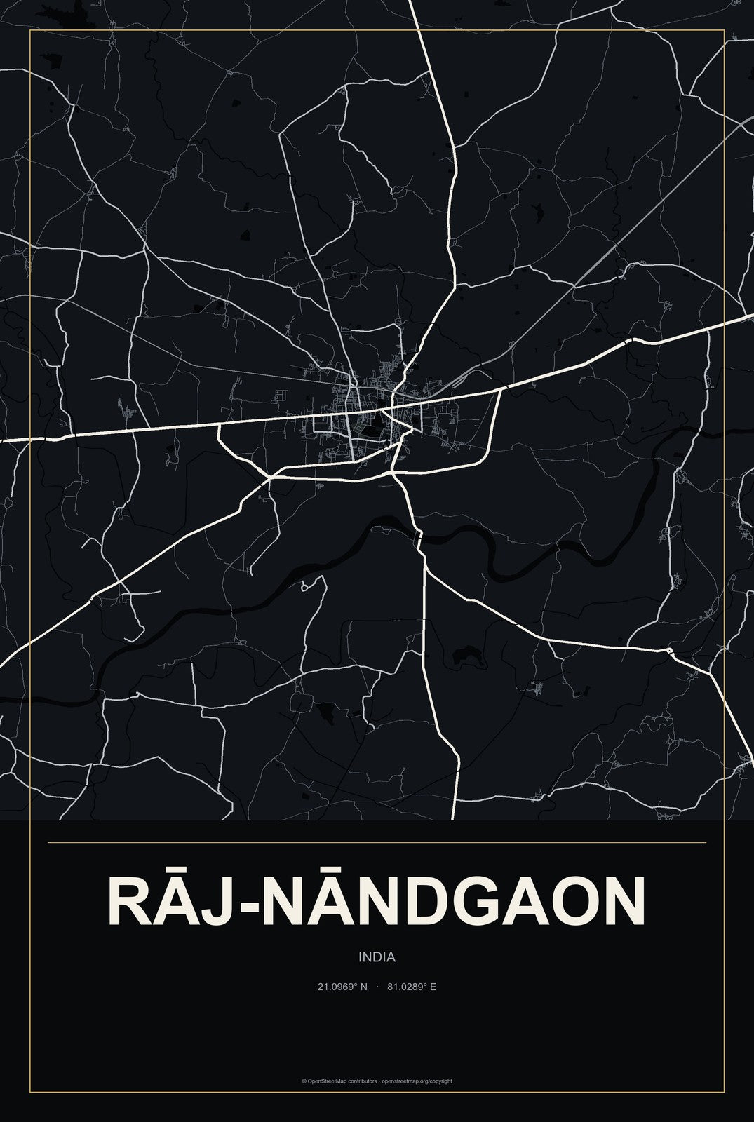 Rāj-Nāndgaon, India City Map Aluminum Sign in Metropolitan Noir style