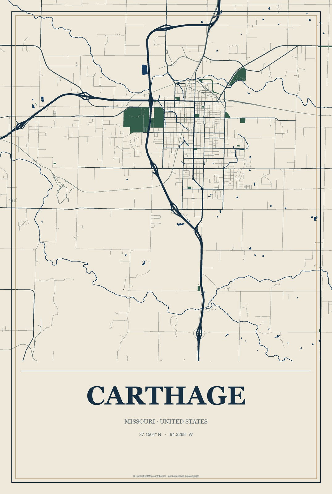 Carthage, Missouri City Map Aluminum Sign in Coastal Cutout style