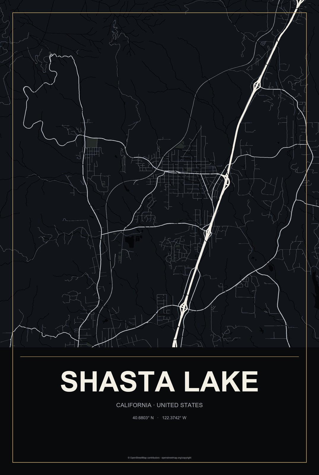Shasta Lake, California City Map Aluminum Sign in Metropolitan Noir style
