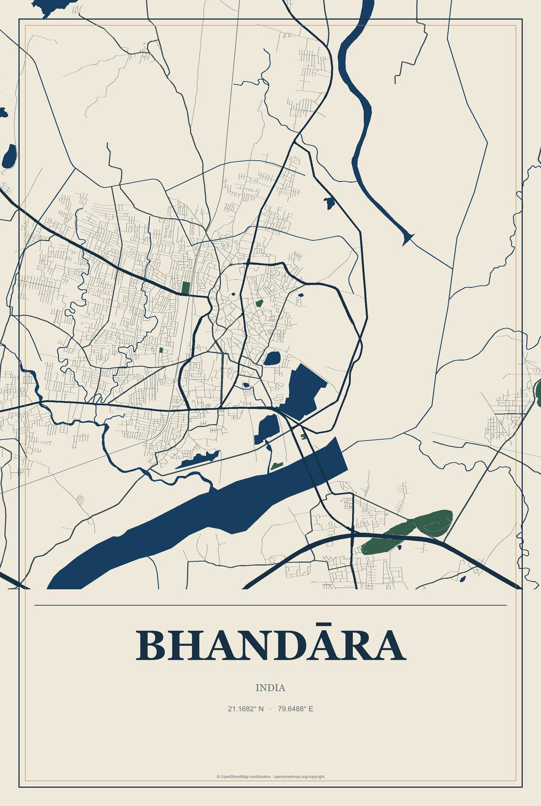 Bhandāra, India City Map Aluminum Sign in Coastal Cutout style