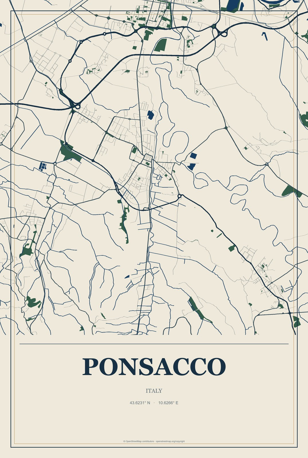 Ponsacco, Italy City Map Aluminum Sign in Coastal Cutout style