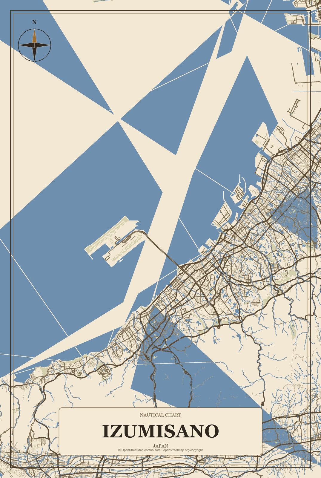 Izumisano, Japan City Map Aluminum Sign in Heritage Nautical style