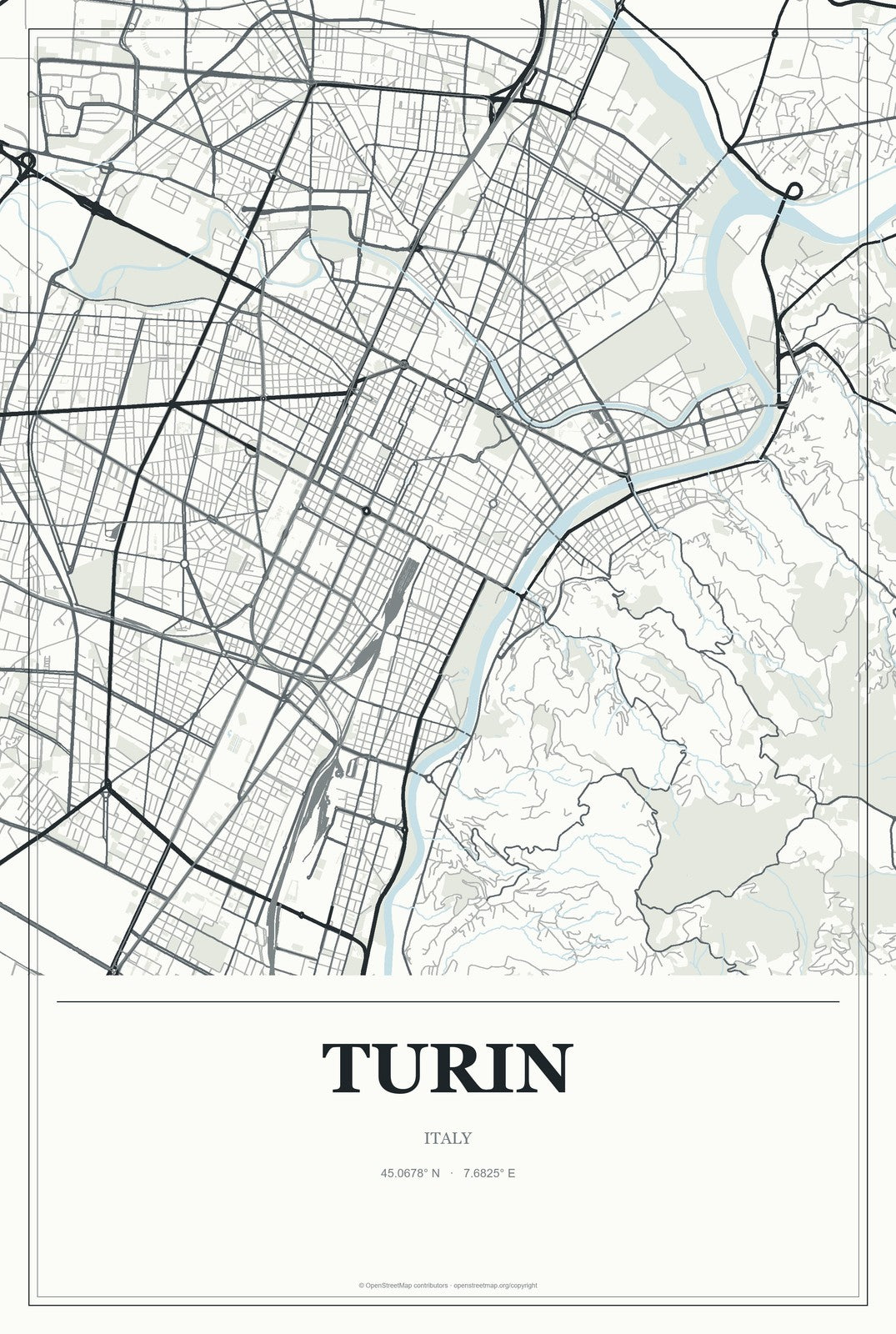 Turin, Italy City Map Aluminum Sign in Gallery Air style