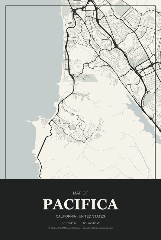 Pacifica, California City Map Aluminum Sign in Museum Plaque style