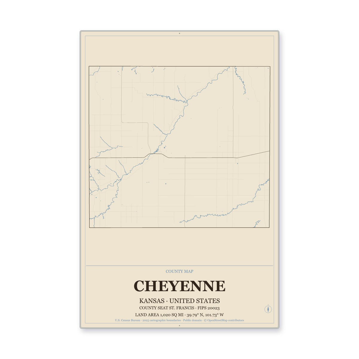 Cheyenne County, Kansas Map Aluminum Sign in Heritage Nautical style