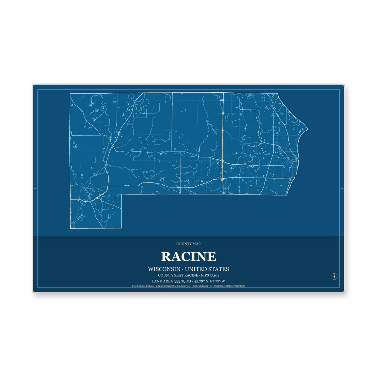 Racine County, Wisconsin Map Aluminum Sign in Harbor Cobalt style