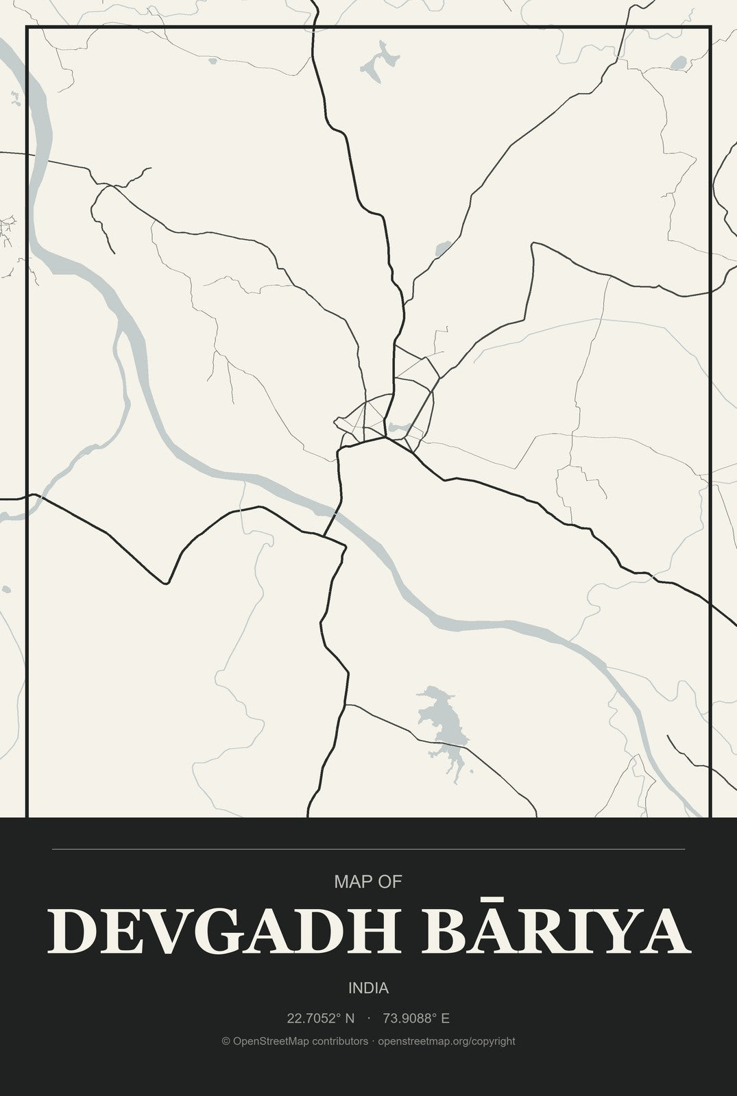 Devgadh Bāriya, India City Map Aluminum Sign in Museum Plaque style