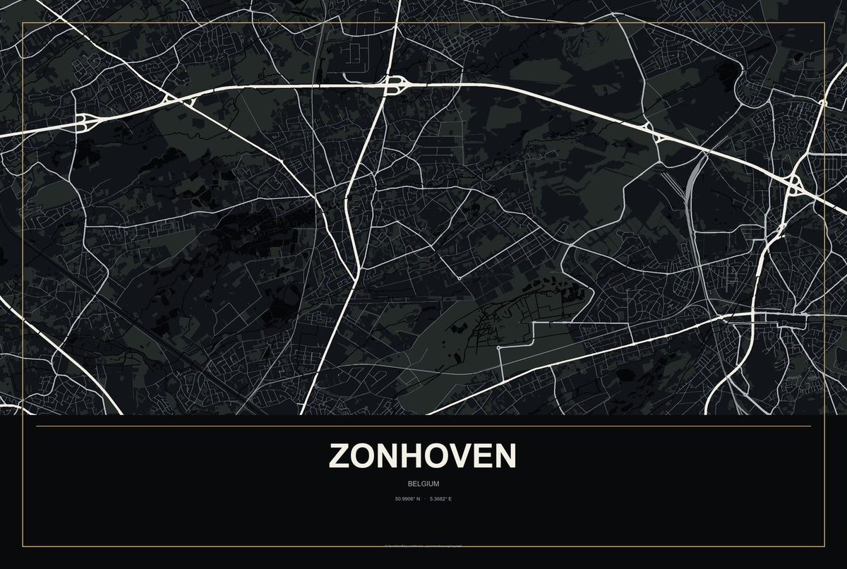 Zonhoven, Belgium City Map Aluminum Sign in Metropolitan Noir style