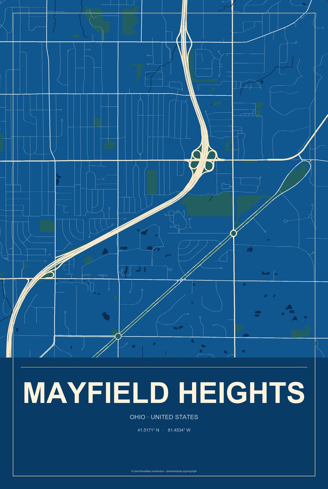 Mayfield Heights, Ohio City Map Aluminum Sign in Harbor Cobalt style