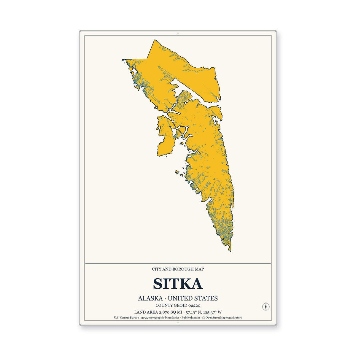 Sitka City and Borough, Alaska Map Aluminum Sign in Citrine Modern style