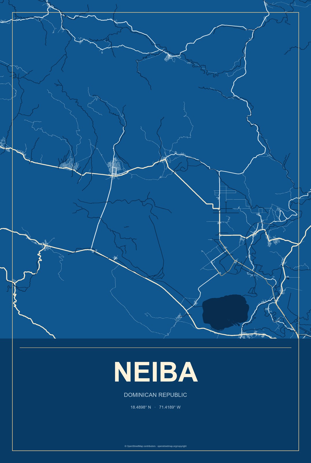 Neiba, Dominican Republic City Map Aluminum Sign in Harbor Cobalt style