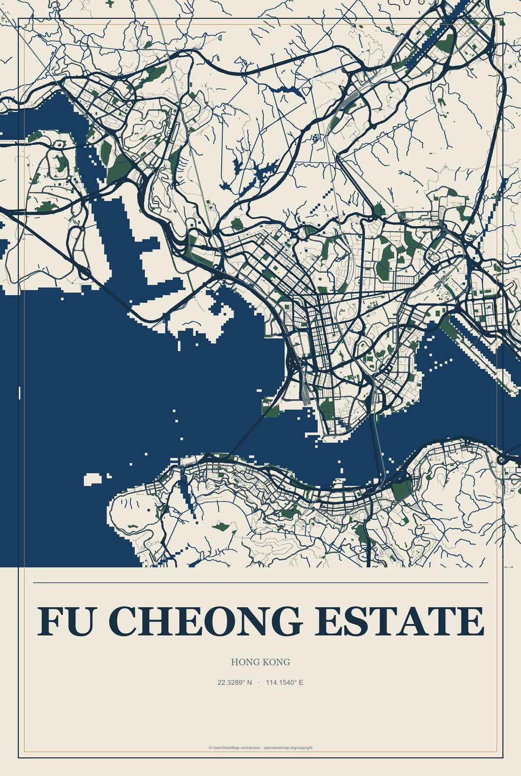 Fu Cheong Estate, Hong Kong City Map Aluminum Sign in Coastal Cutout style