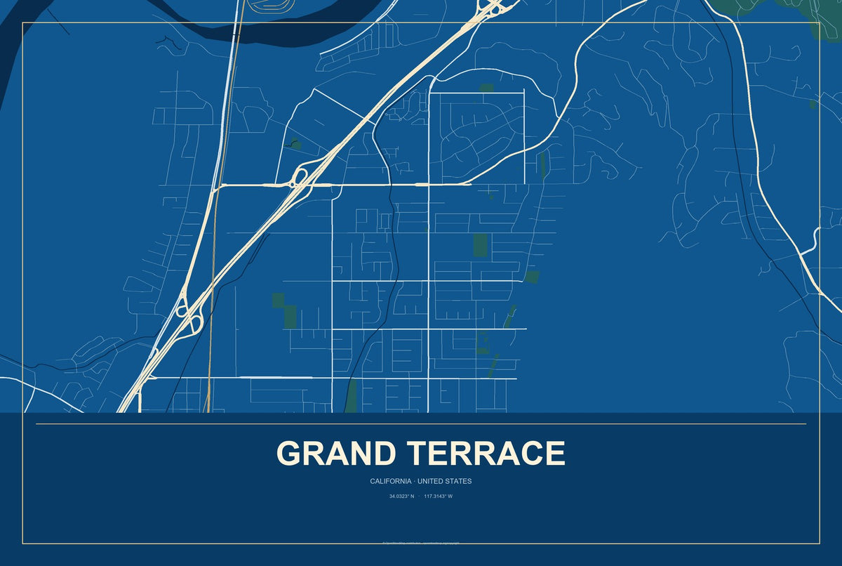 Grand Terrace, California City Map Aluminum Sign in Harbor Cobalt style
