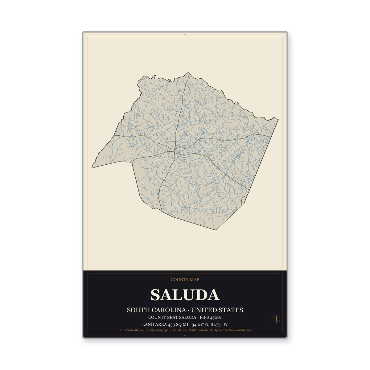Saluda County, South Carolina Map Aluminum Sign in Museum Plaque style