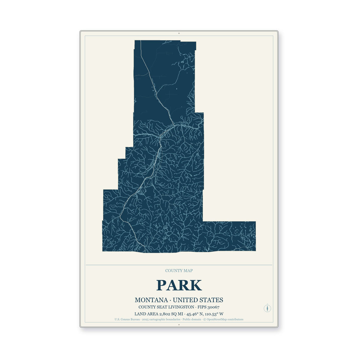 Park County, Montana Map Aluminum Sign in Coastal Cutout style