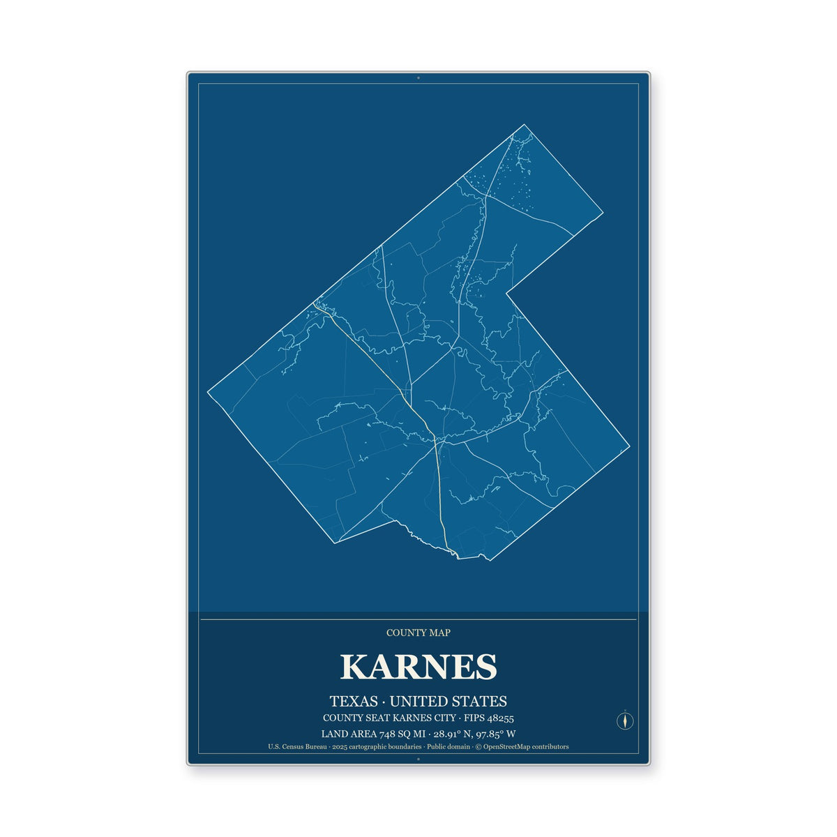 Karnes County, Texas Map Aluminum Sign in Harbor Cobalt style