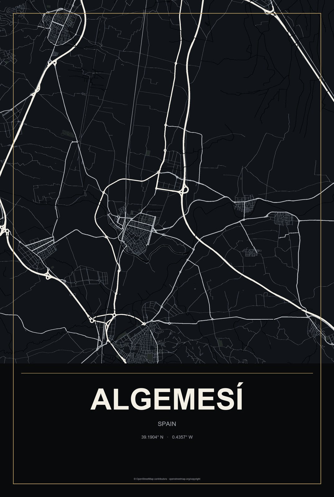 Algemesí, Spain City Map Aluminum Sign in Metropolitan Noir style