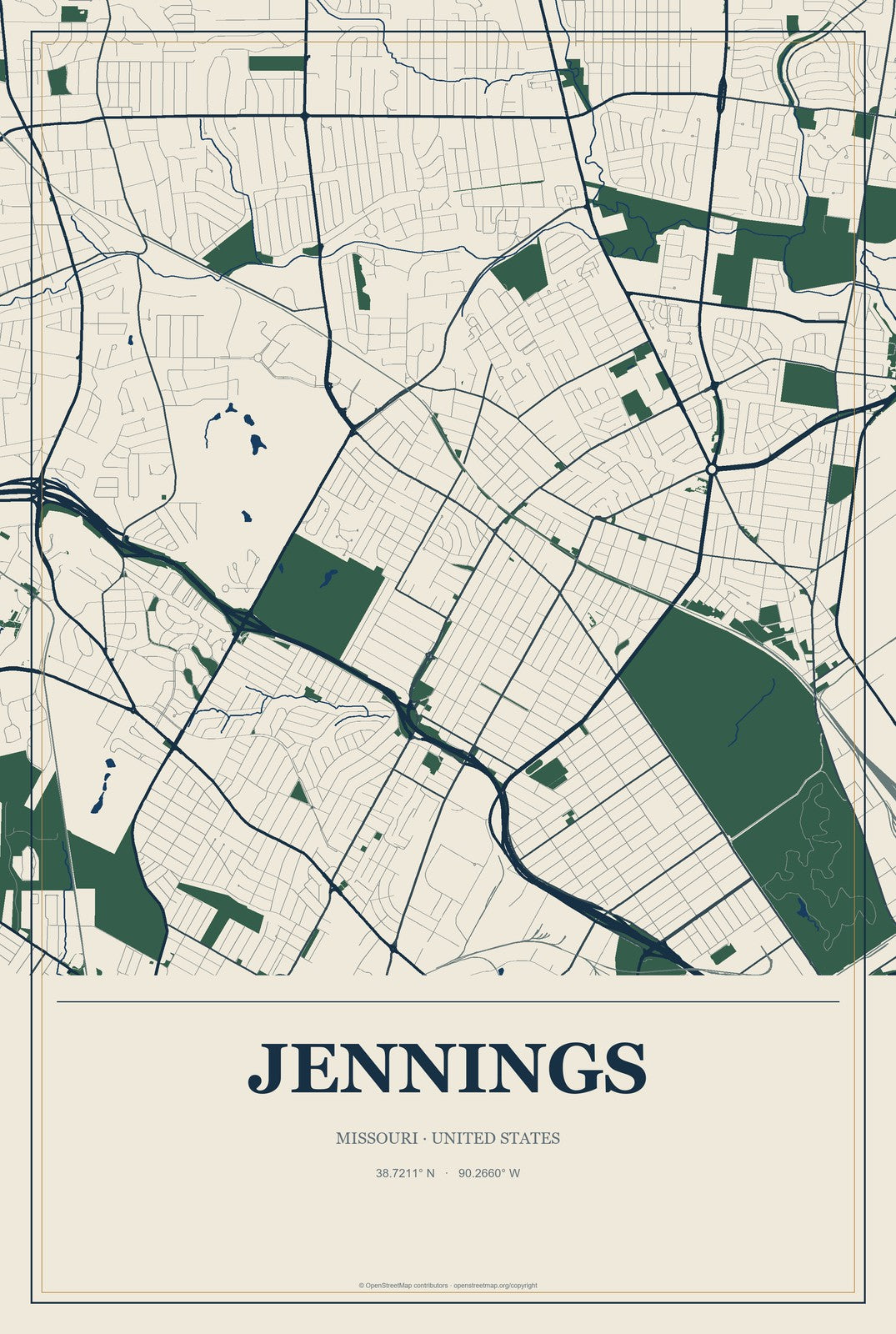Jennings, Missouri City Map Aluminum Sign in Coastal Cutout style