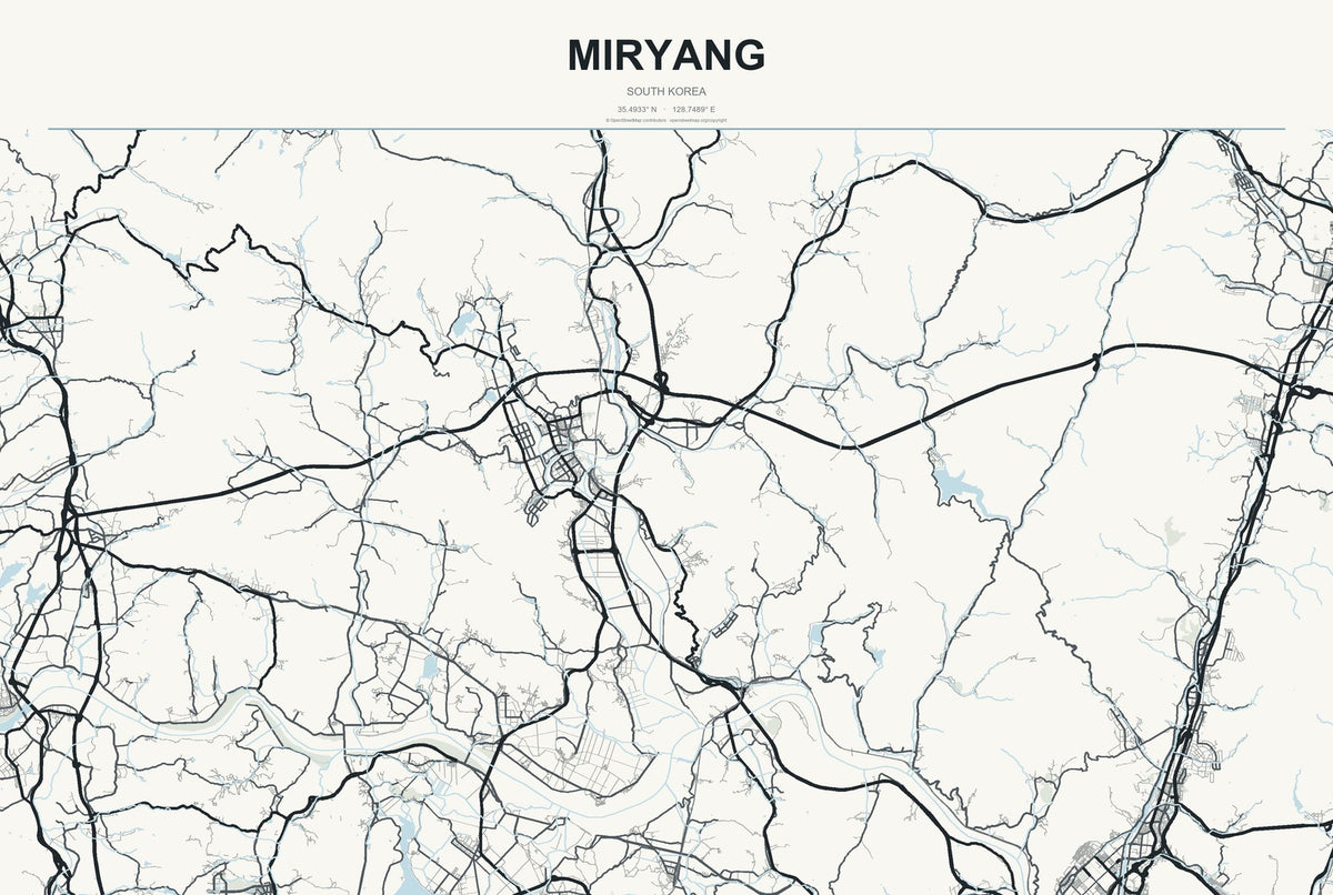 Miryang, South Korea City Map Aluminum Sign in Headline Atlas style