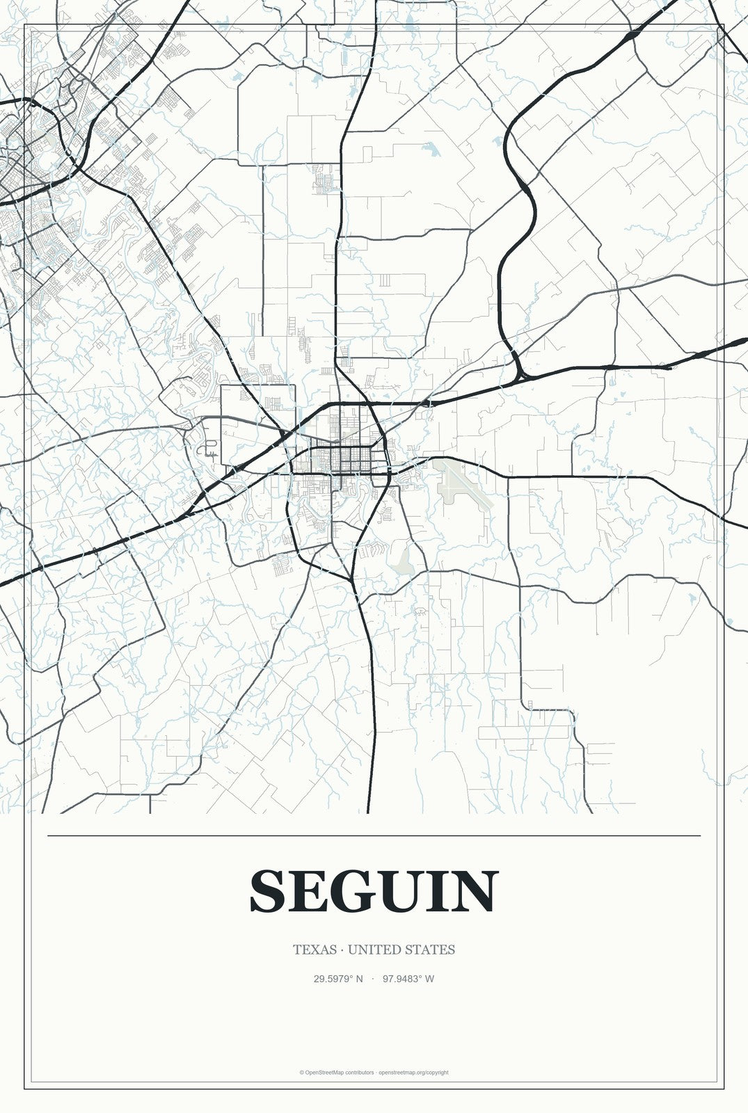 Seguin, Texas City Map Aluminum Sign in Gallery Air style