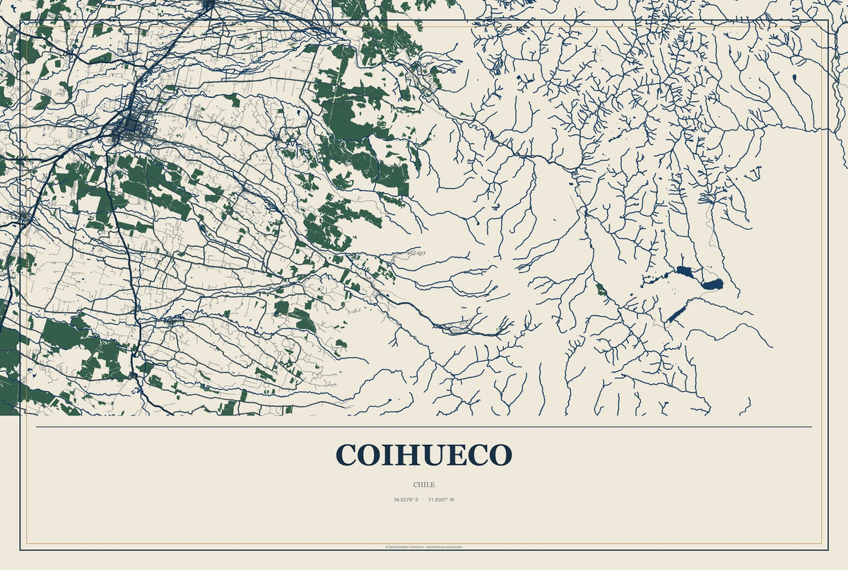 Coihueco, Chile City Map Aluminum Sign in Coastal Cutout style