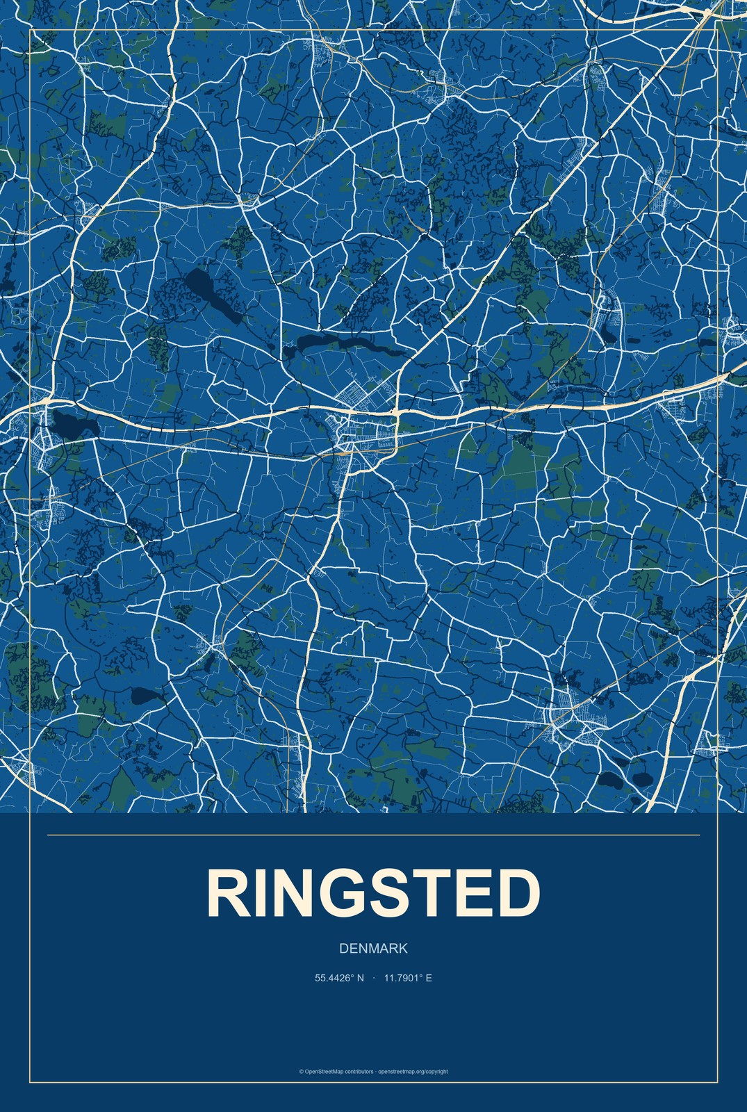 Ringsted, Denmark City Map Aluminum Sign in Harbor Cobalt style