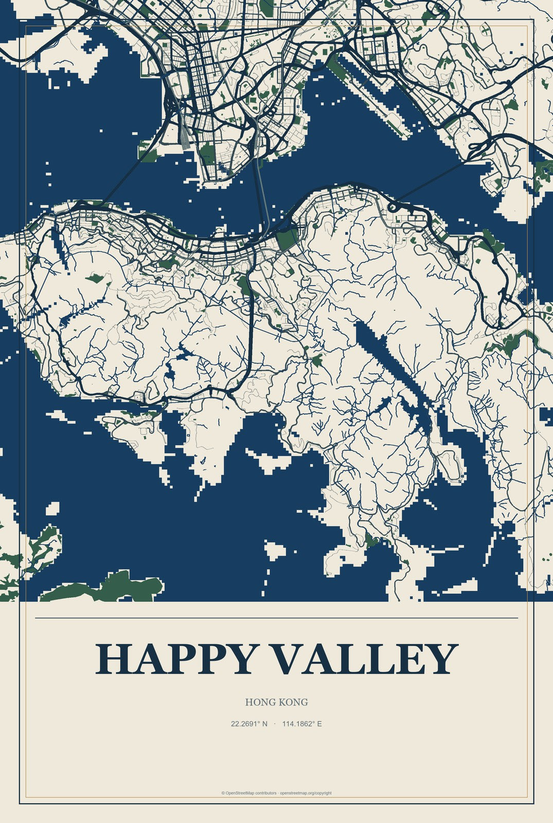 Happy Valley, Hong Kong City Map Aluminum Sign in Coastal Cutout style