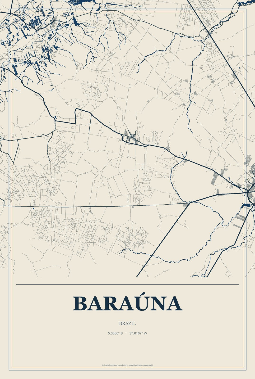 Baraúna, Brazil City Map Aluminum Sign in Coastal Cutout style