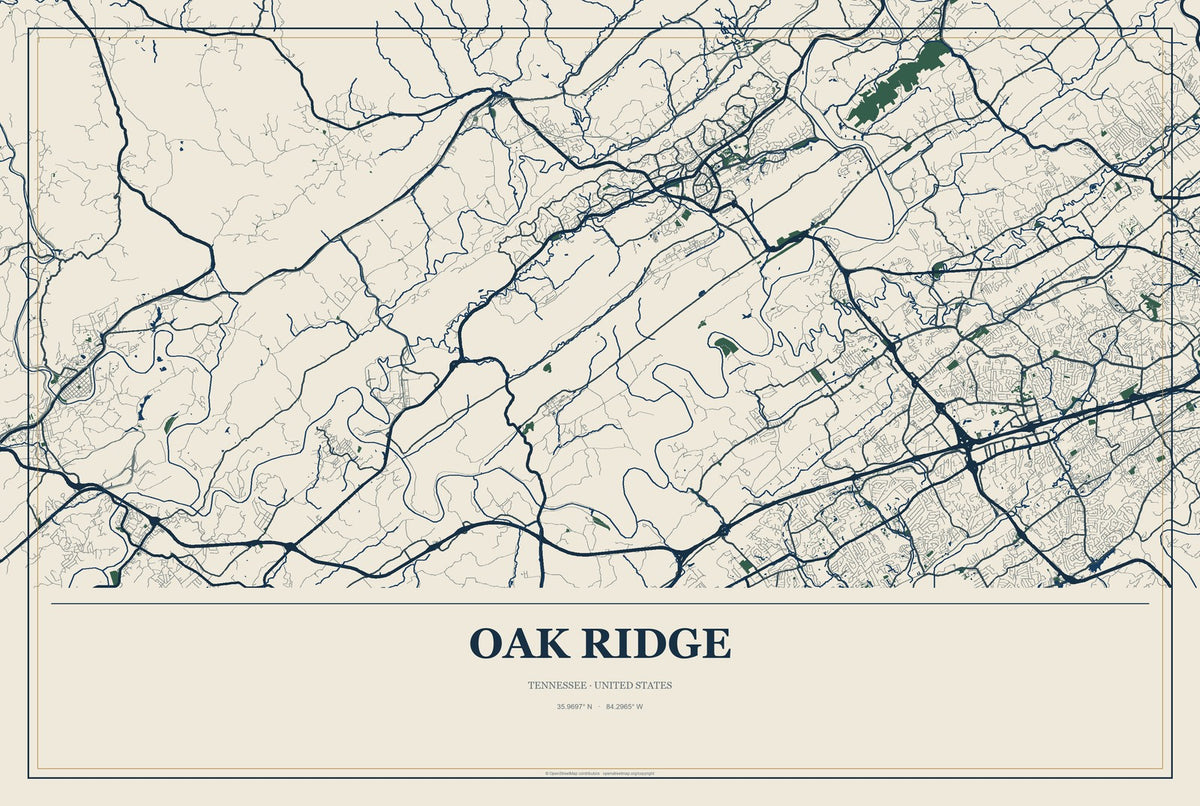 Oak Ridge, Tennessee City Map Aluminum Sign in Coastal Cutout style