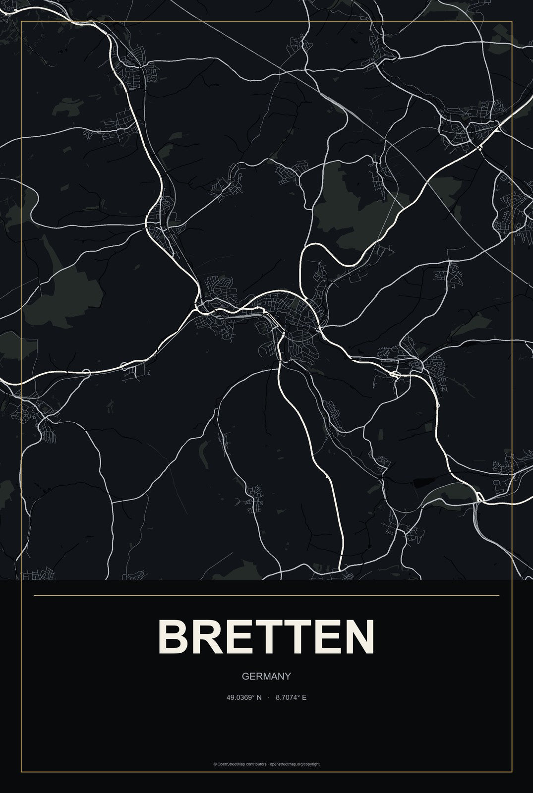 Bretten, Germany City Map Aluminum Sign in Metropolitan Noir style