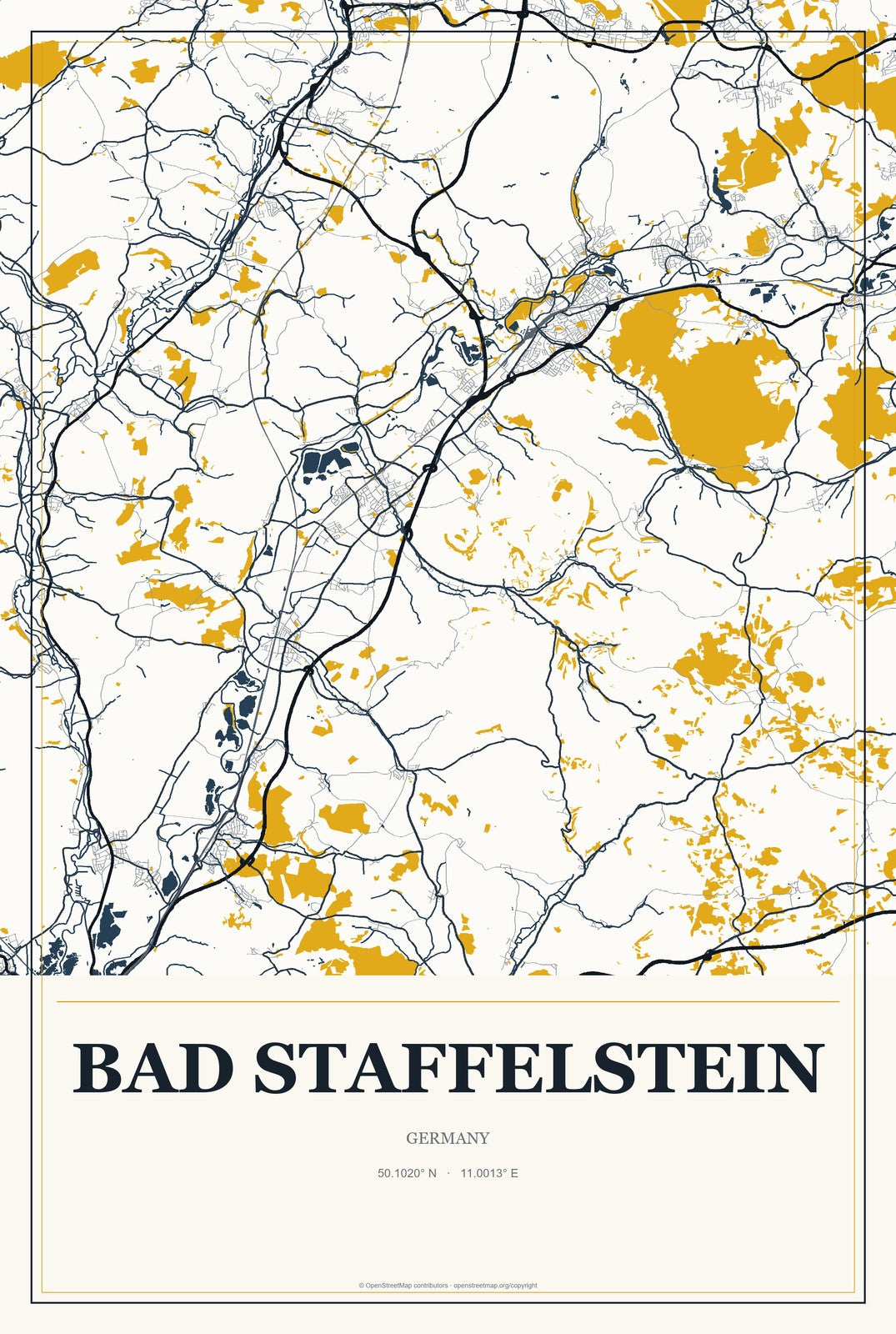 Bad Staffelstein, Germany City Map Aluminum Sign in Citrine Modern style