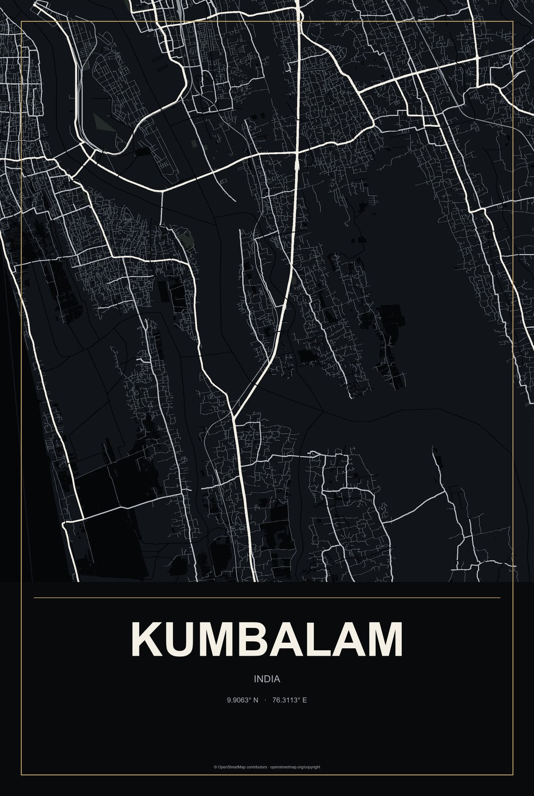 Kumbalam, India City Map Aluminum Sign in Metropolitan Noir style