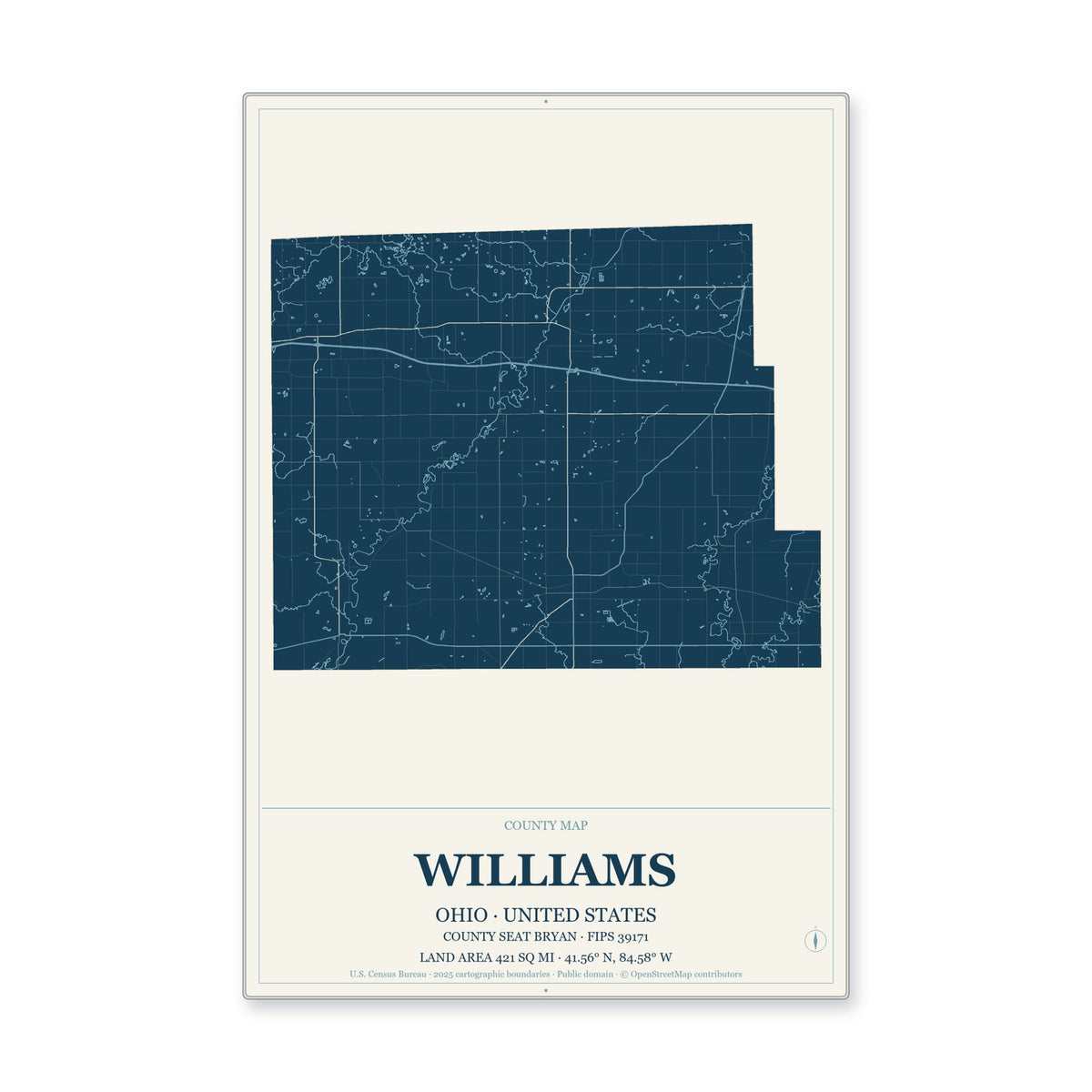 Williams County, Ohio Map Aluminum Sign in Coastal Cutout style
