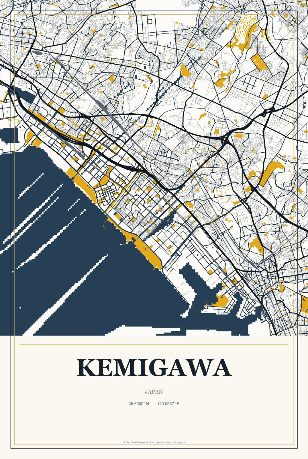Kemigawa, Japan City Map Aluminum Sign in Citrine Modern style