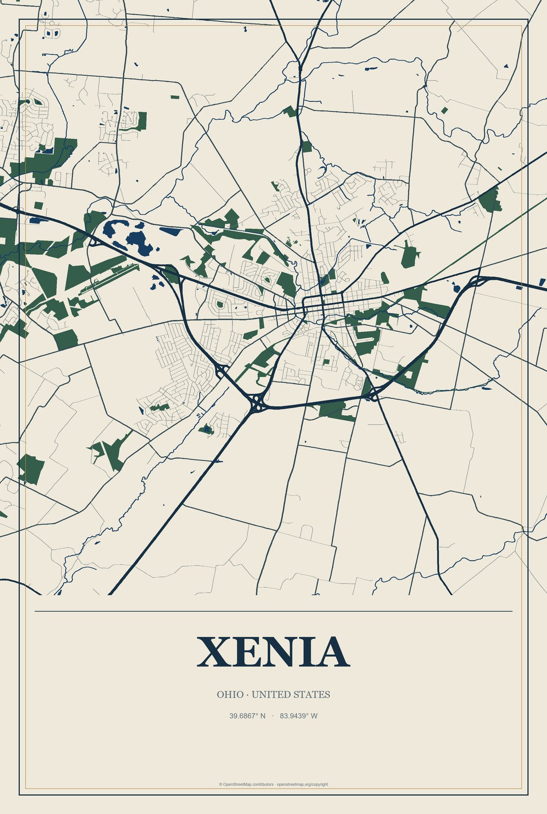 Xenia, Ohio City Map Aluminum Sign in Coastal Cutout style