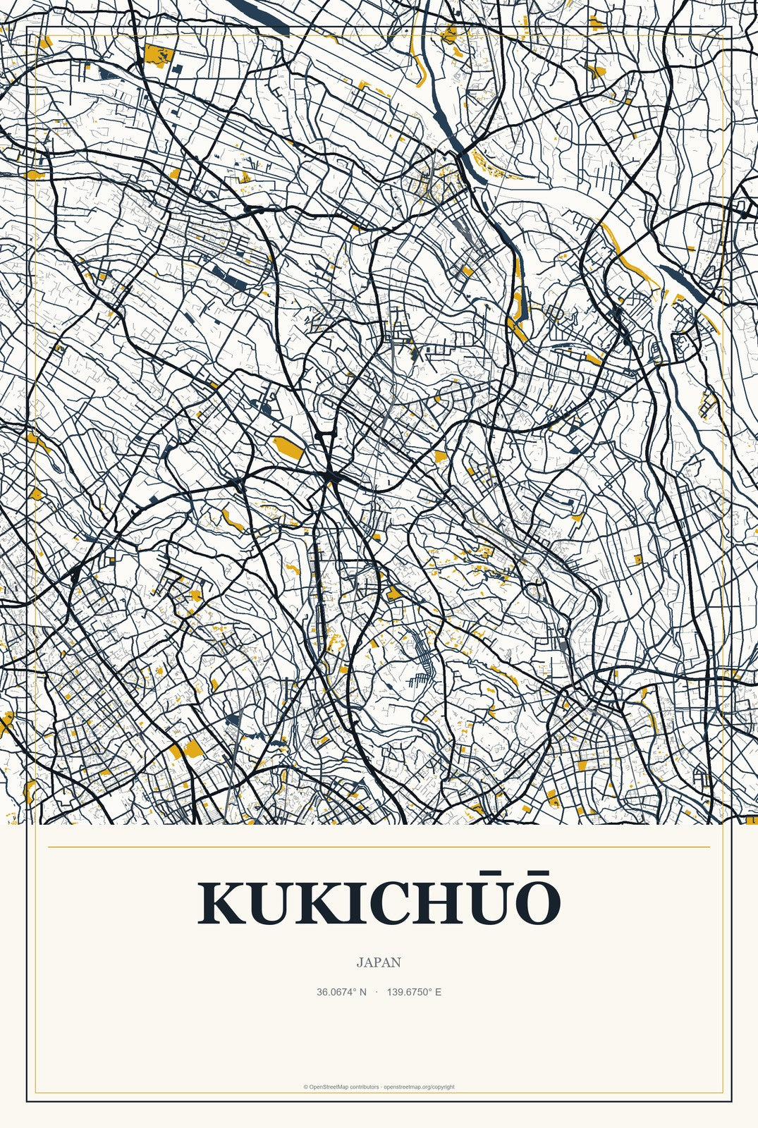 Kukichūō, Japan City Map Aluminum Sign in Citrine Modern style