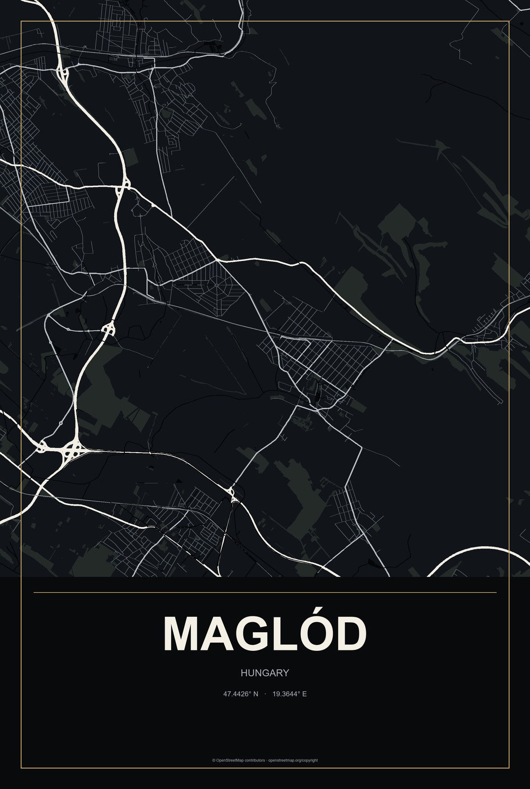 Maglód, Hungary City Map Aluminum Sign in Metropolitan Noir style