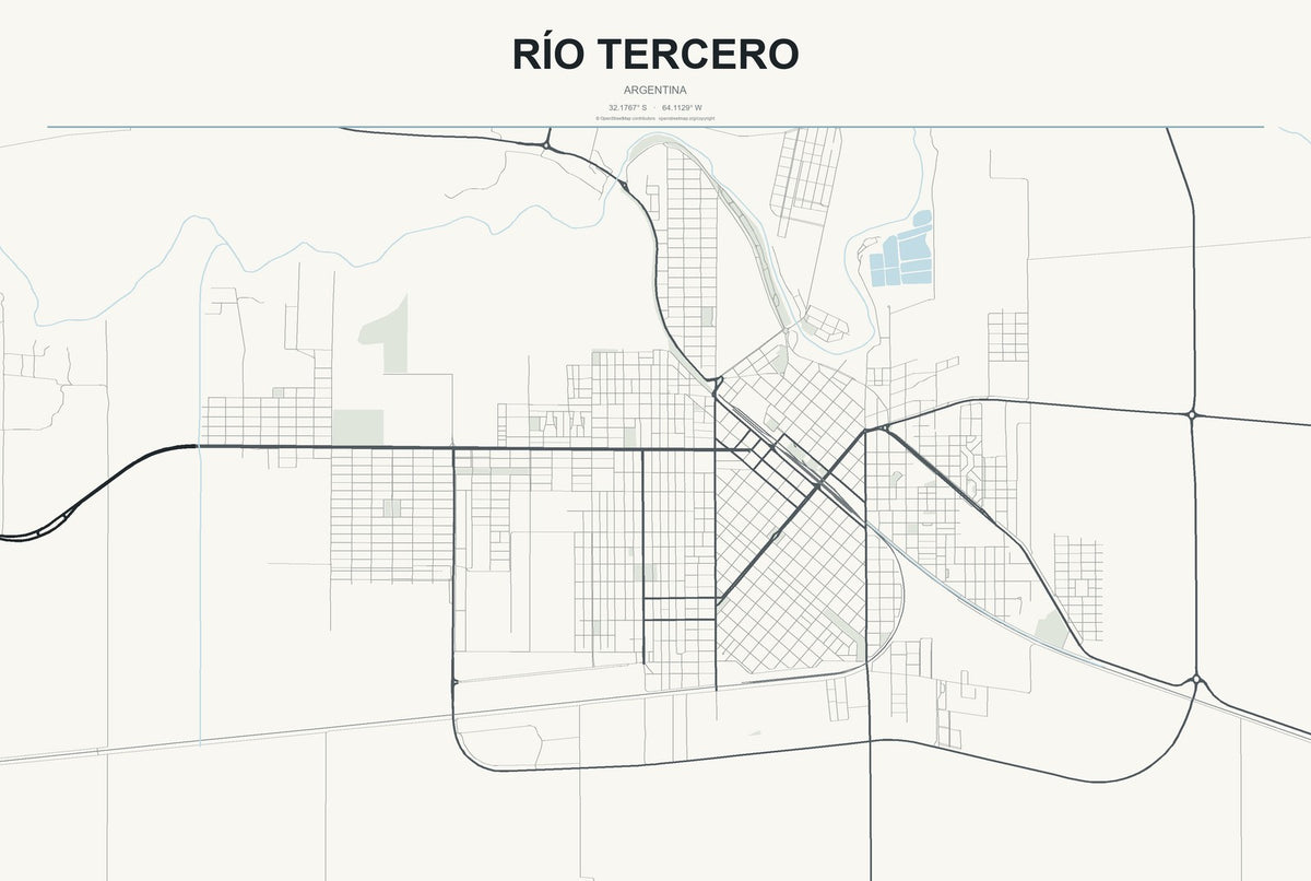 Río Tercero, Argentina City Map Aluminum Sign in Headline Atlas style