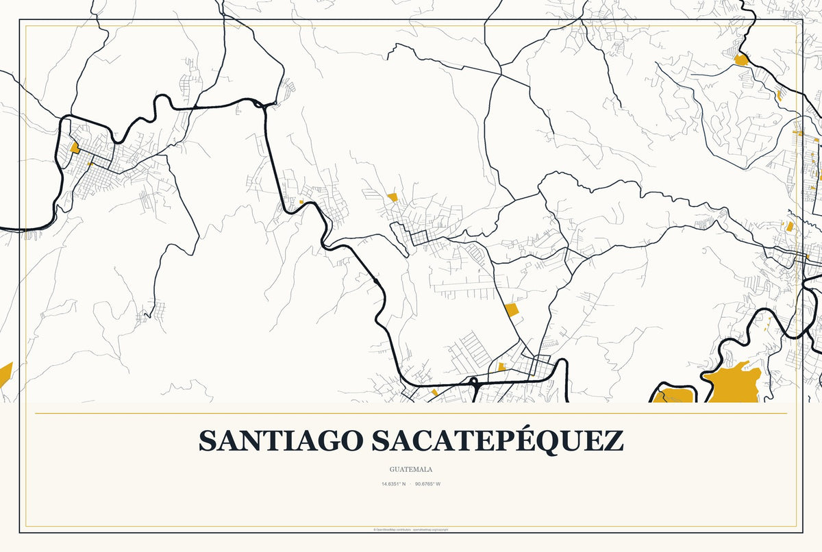 Santiago Sacatepéquez, Guatemala City Map Aluminum Sign in Citrine Modern style