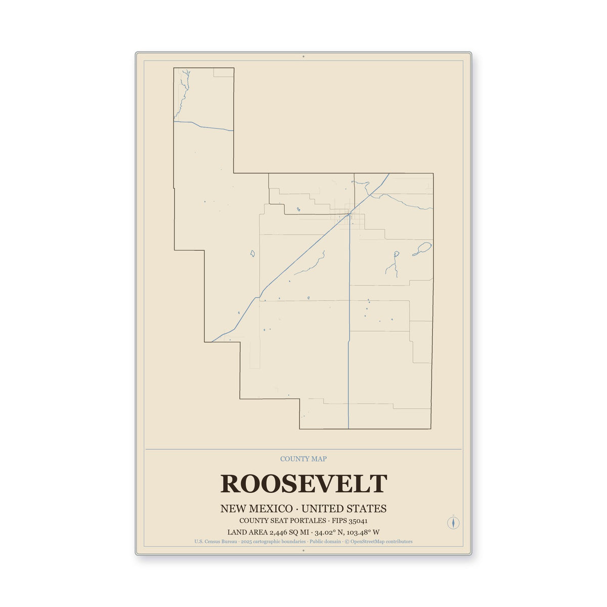 Roosevelt County, New Mexico Map Aluminum Sign in Heritage Nautical style