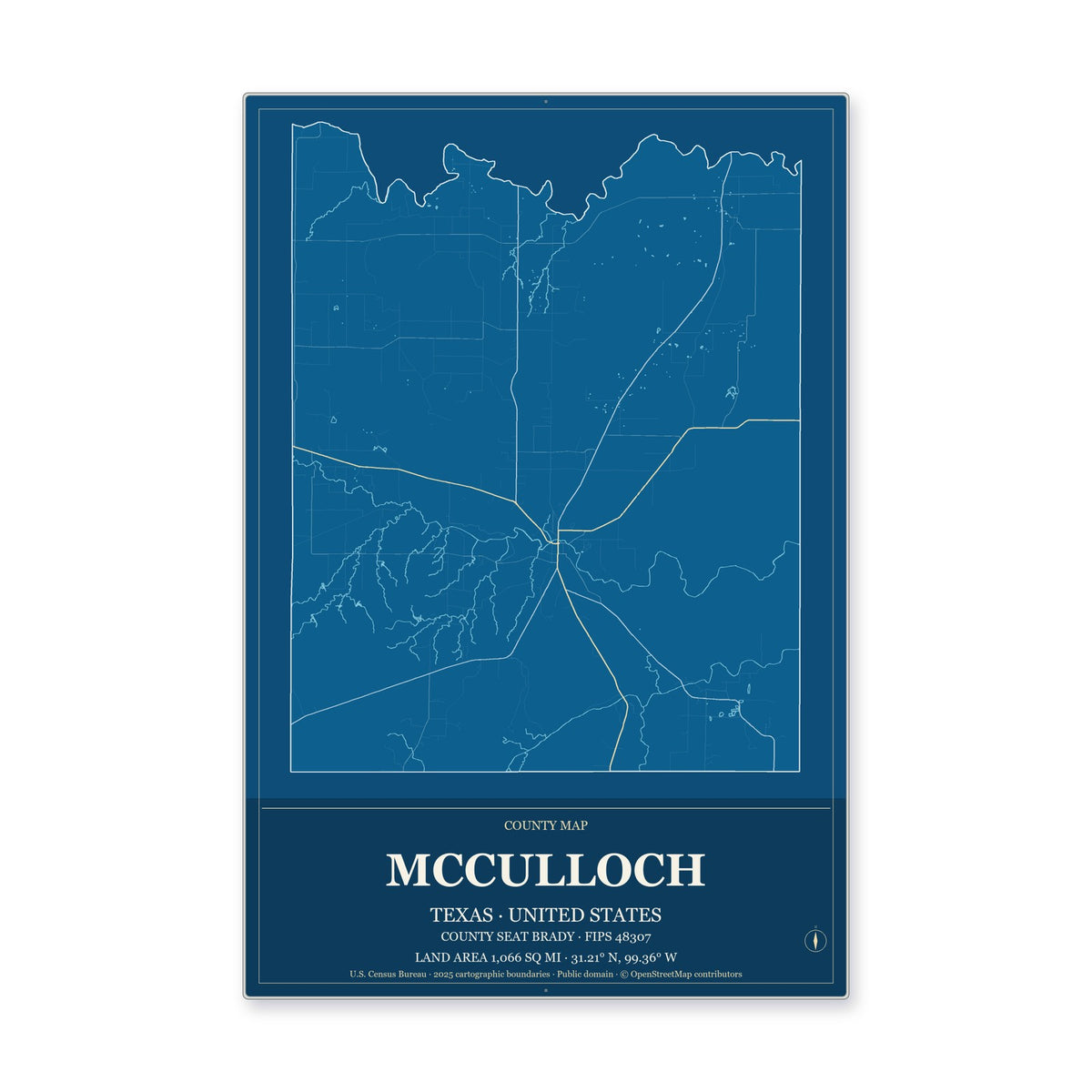 McCulloch County, Texas Map Aluminum Sign in Harbor Cobalt style
