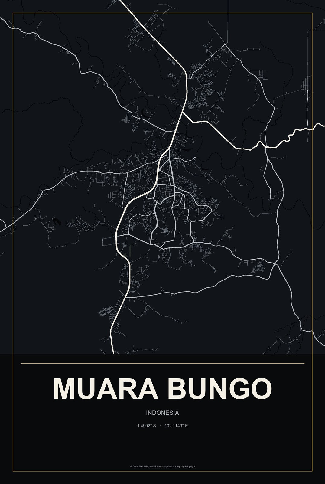Muara Bungo, Indonesia City Map Aluminum Sign in Metropolitan Noir style