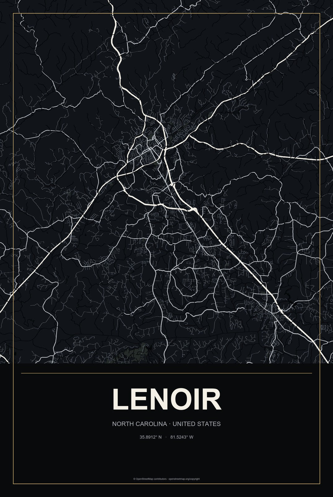 Lenoir, North Carolina City Map Aluminum Sign in Metropolitan Noir style