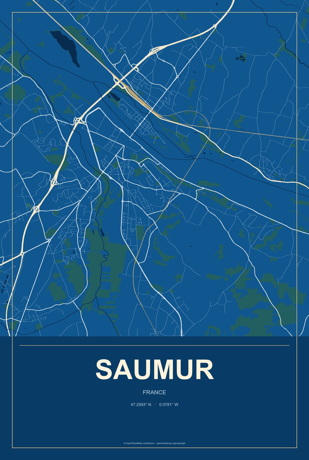 Saumur, France City Map Aluminum Sign in Harbor Cobalt style