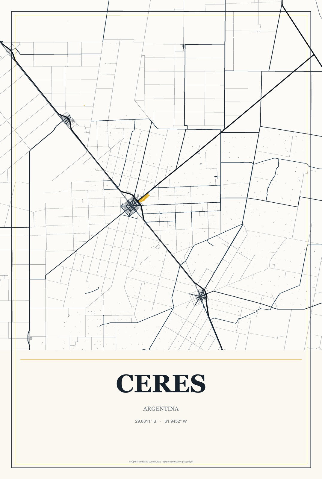Ceres, Argentina City Map Aluminum Sign in Citrine Modern style