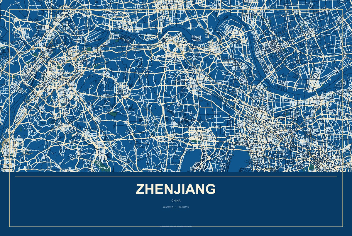 Zhenjiang, China City Map Aluminum Sign in Harbor Cobalt style