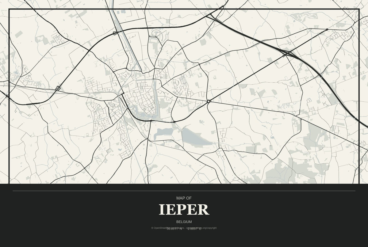 Ieper, Belgium City Map Aluminum Sign in Museum Plaque style