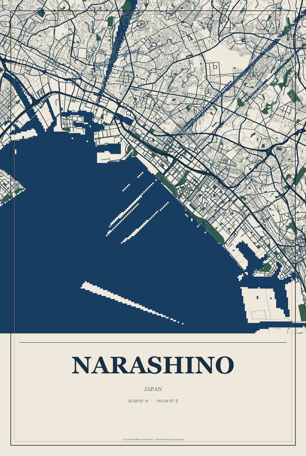 Narashino, Japan City Map Aluminum Sign in Coastal Cutout style