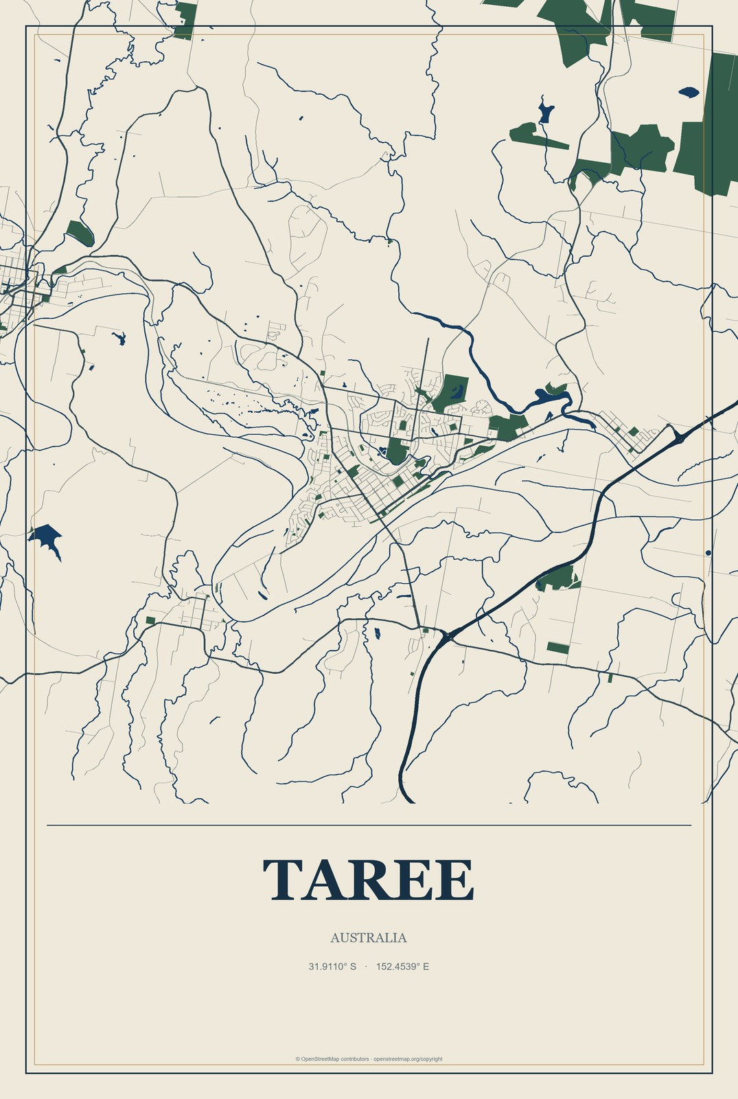 Taree, Australia City Map Aluminum Sign in Coastal Cutout style